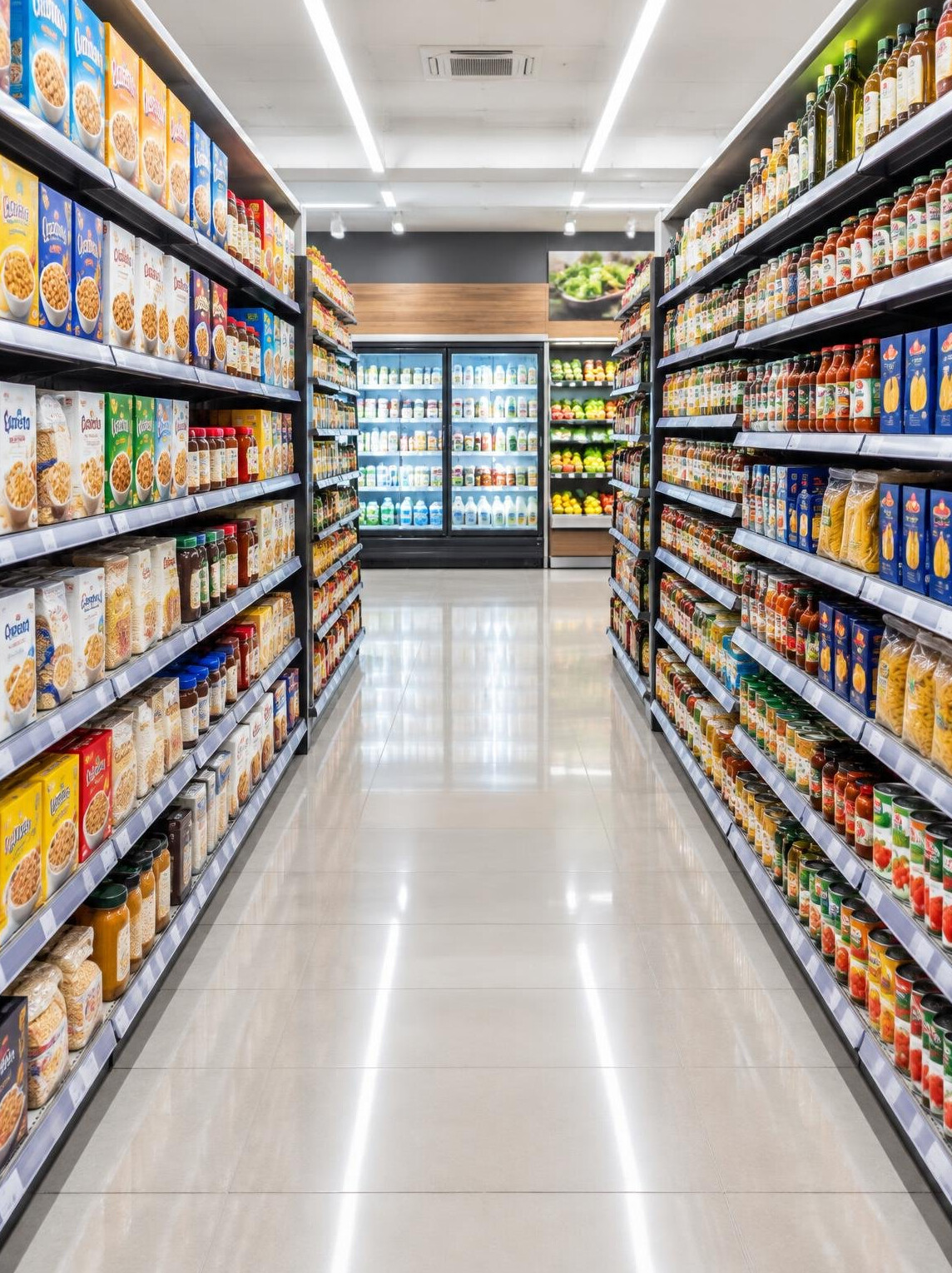 Supermarket shelves stocked with products in an aisle