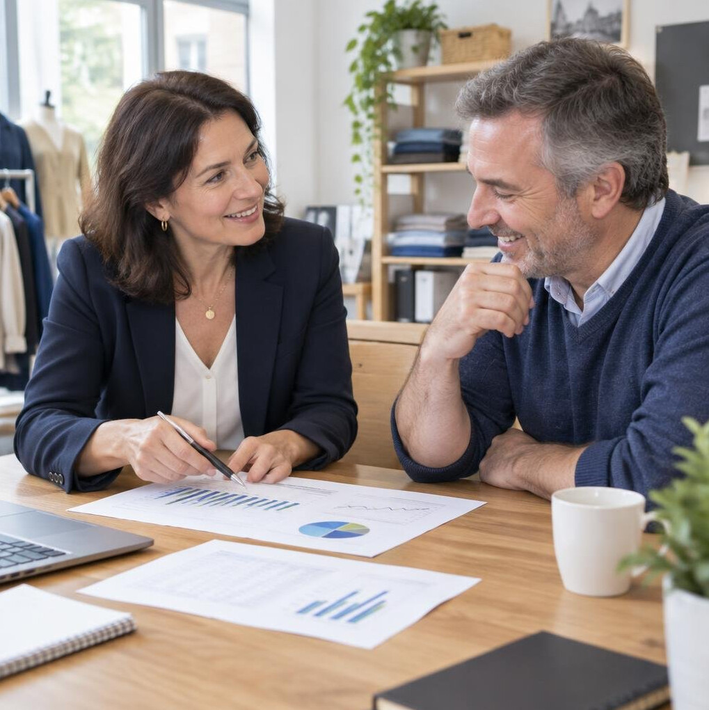 Retail consultant and shop owner discussing sales figures at a table