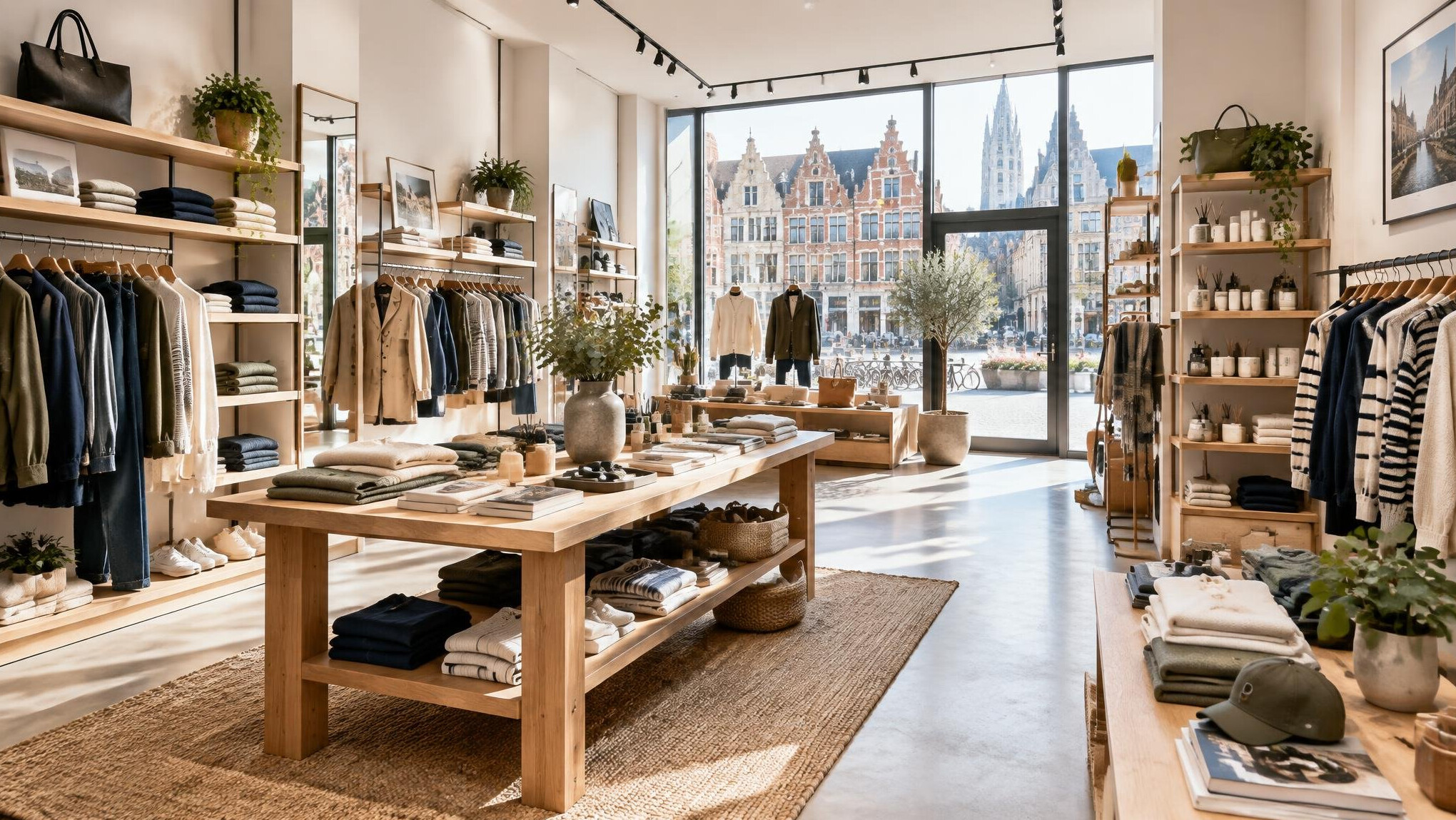 Bright modern retail store interior with neatly arranged shelves