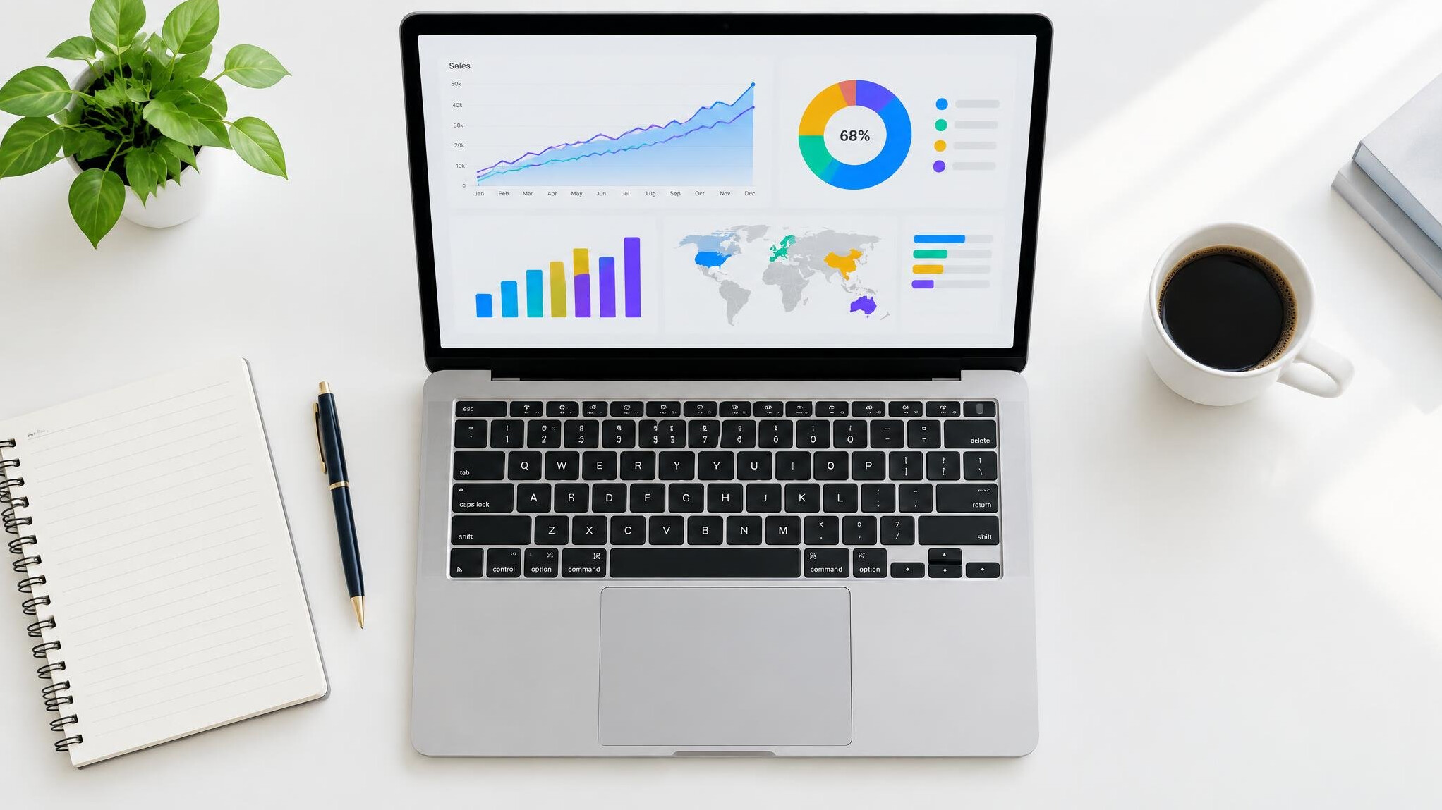 Laptop on a desk showing sales analytics charts