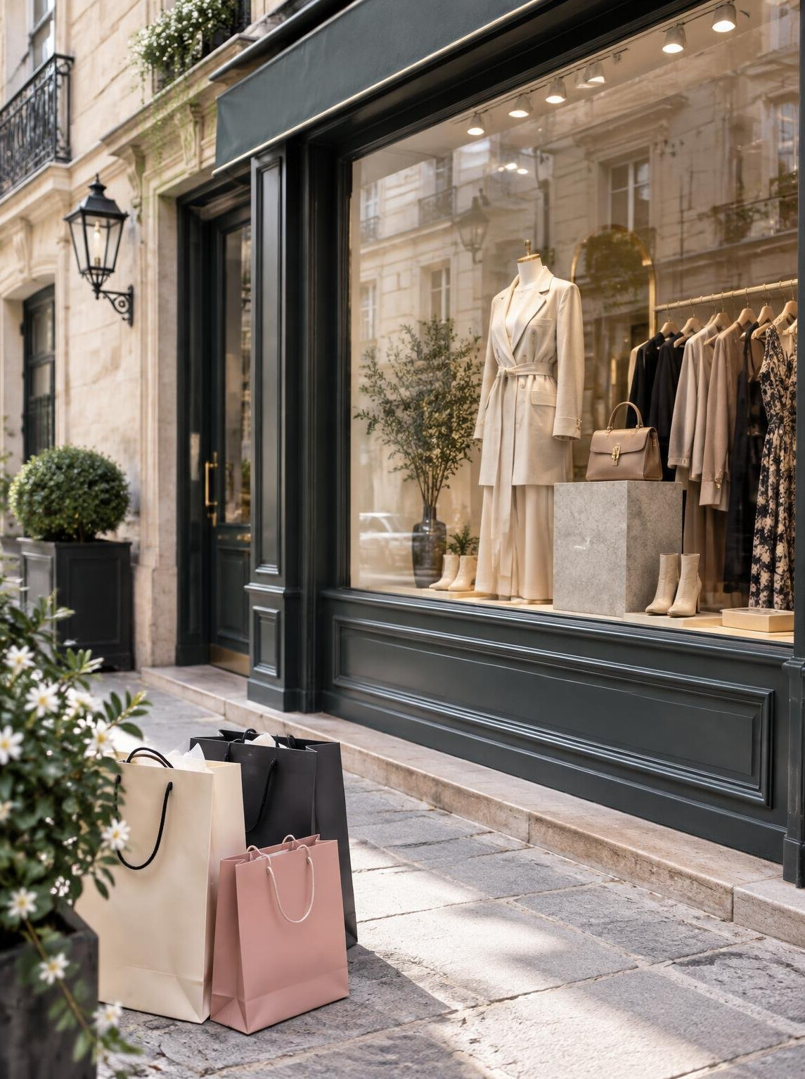 Colorful shopping bags in front of a boutique storefront